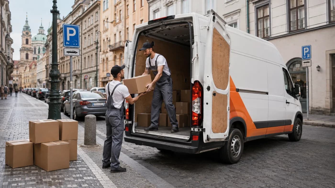 Dodávka Easy Move zaparkovaná u domu v centru Prahy
